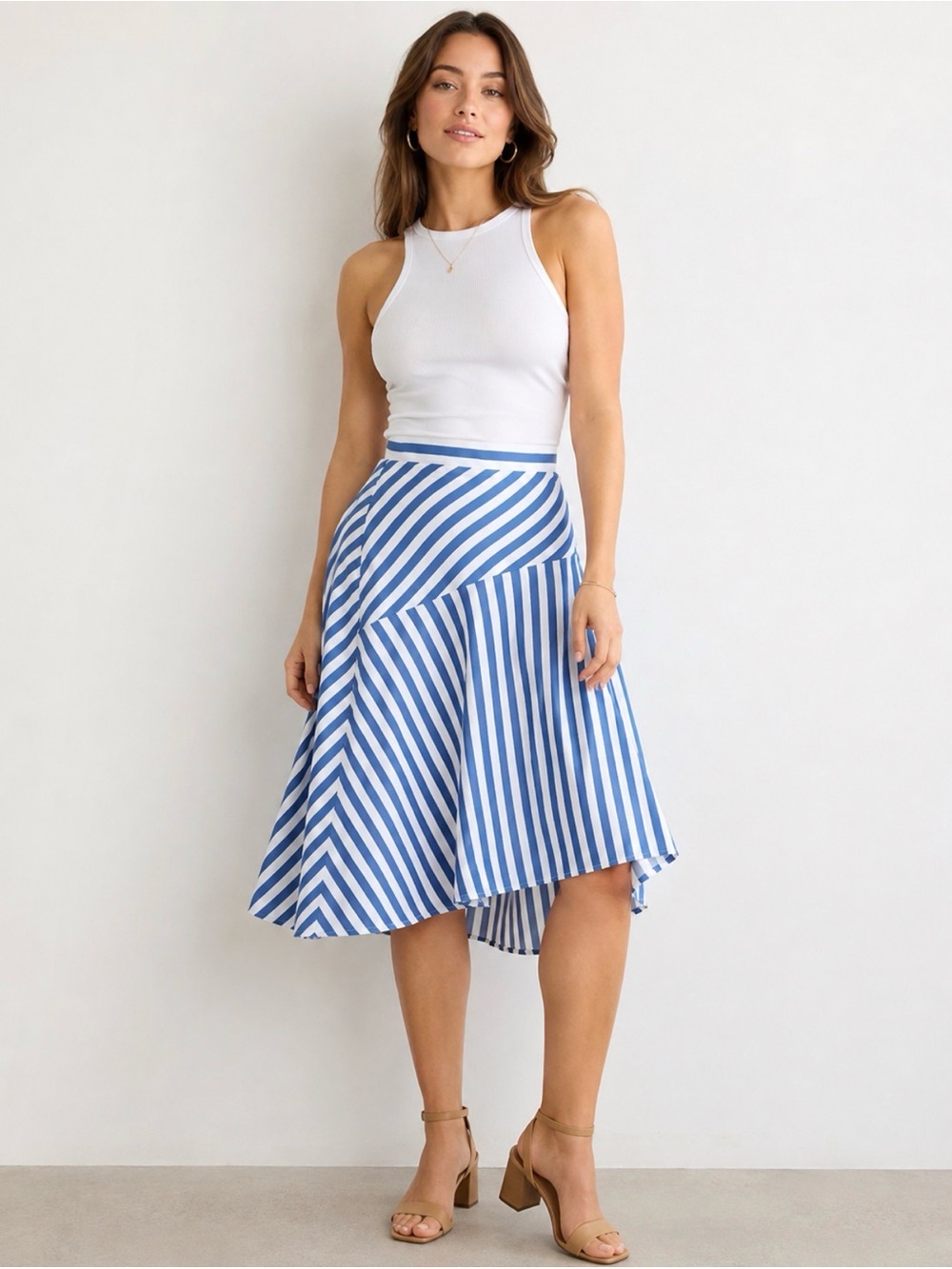 Ann Taylor Blue & White Striped High-Low Midi Skirt